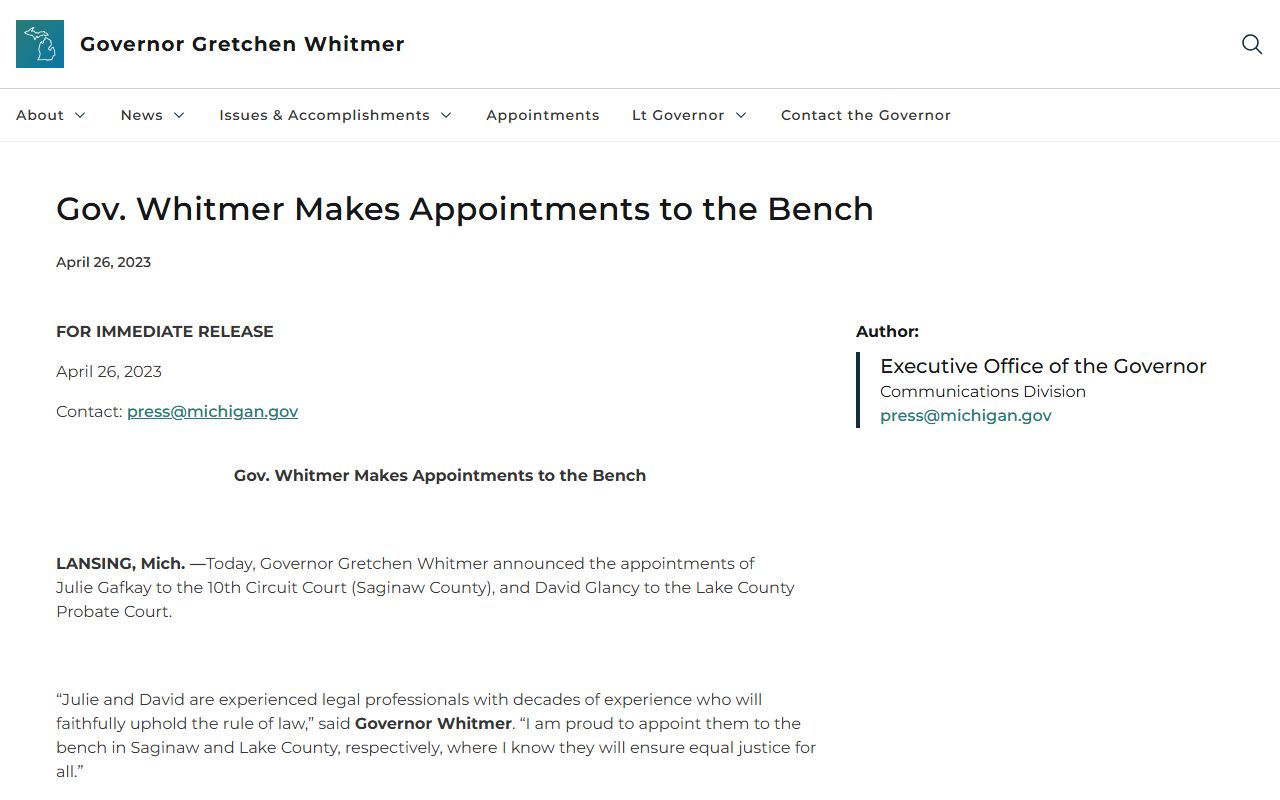 Lake County court dockets and the governor's judicial appointment release for David Glancy