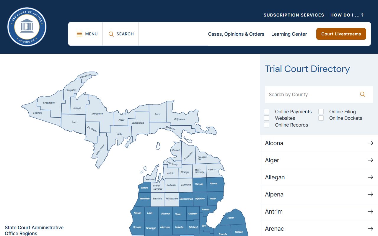 Lake County court records access through the Michigan Trial Court Directory