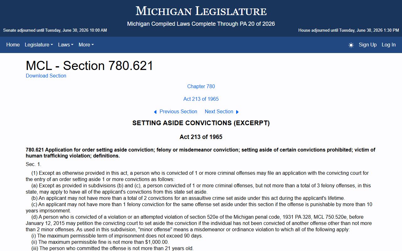 Lake County criminal court records Michigan application-based set-aside statute