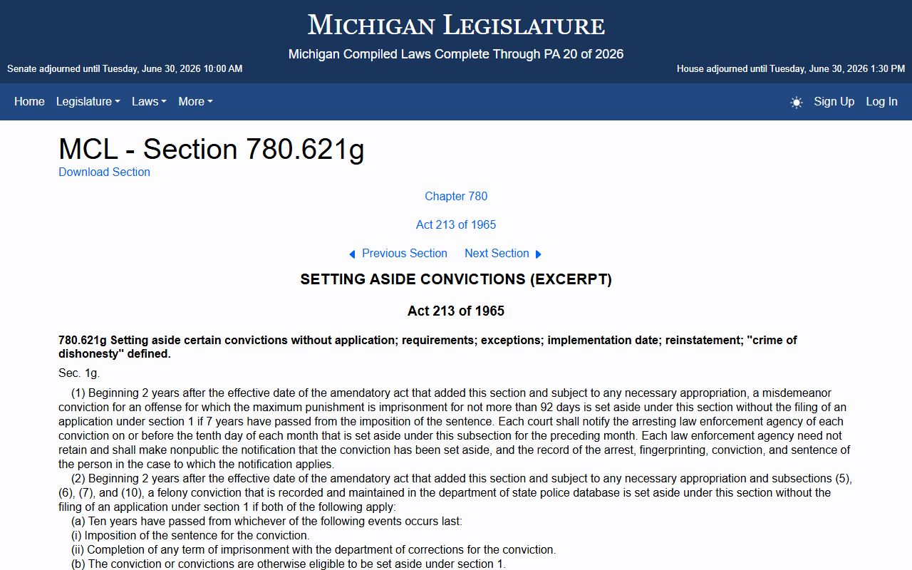 Lake County criminal court records Michigan automatic set-aside statute