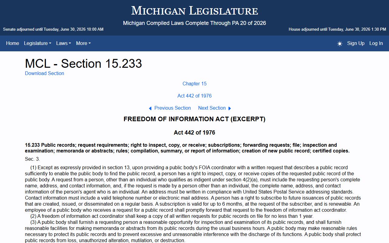 Lake County criminal court records Michigan FOIA inspection and copying statute