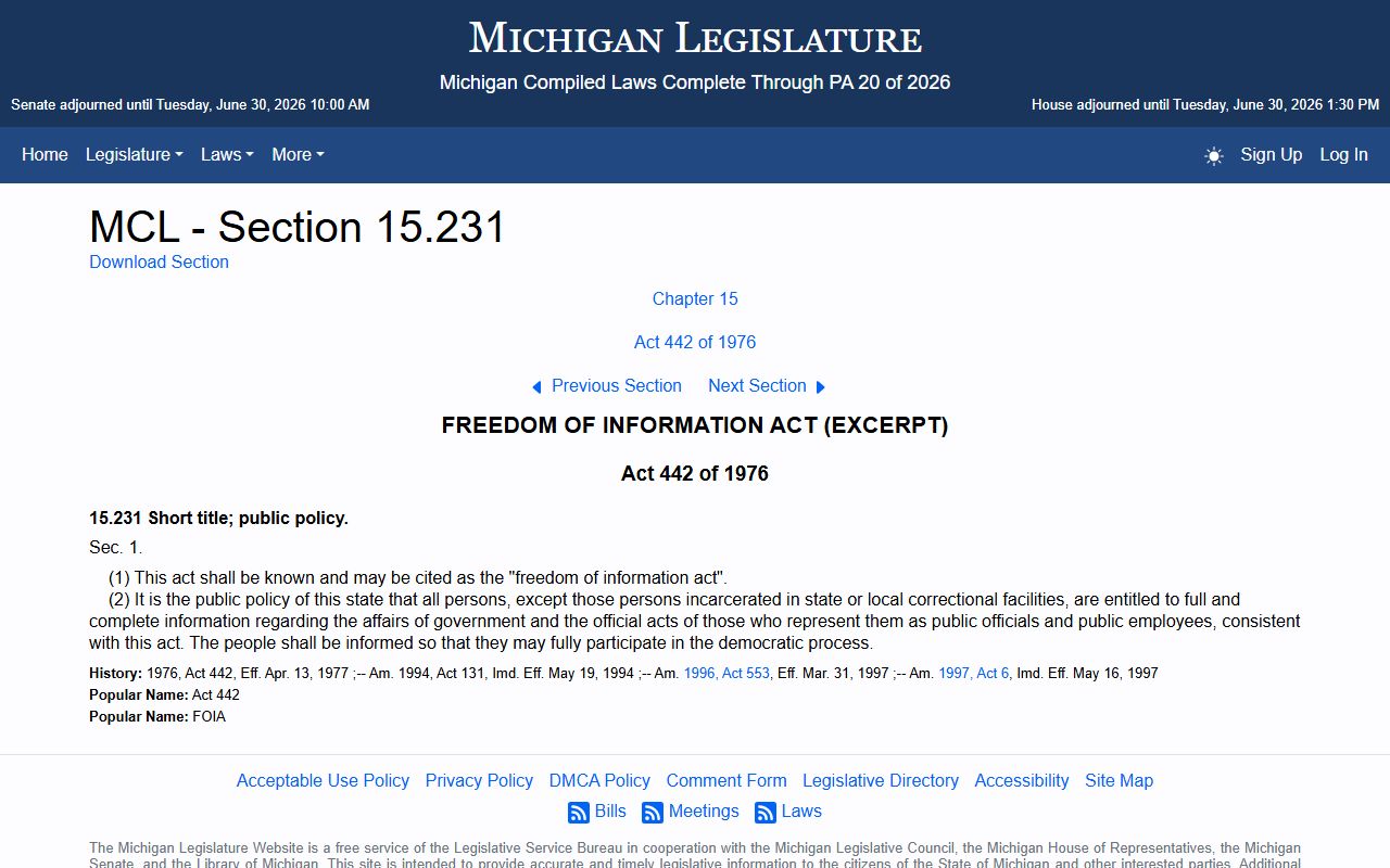 Lake County criminal court records Michigan FOIA public policy statute