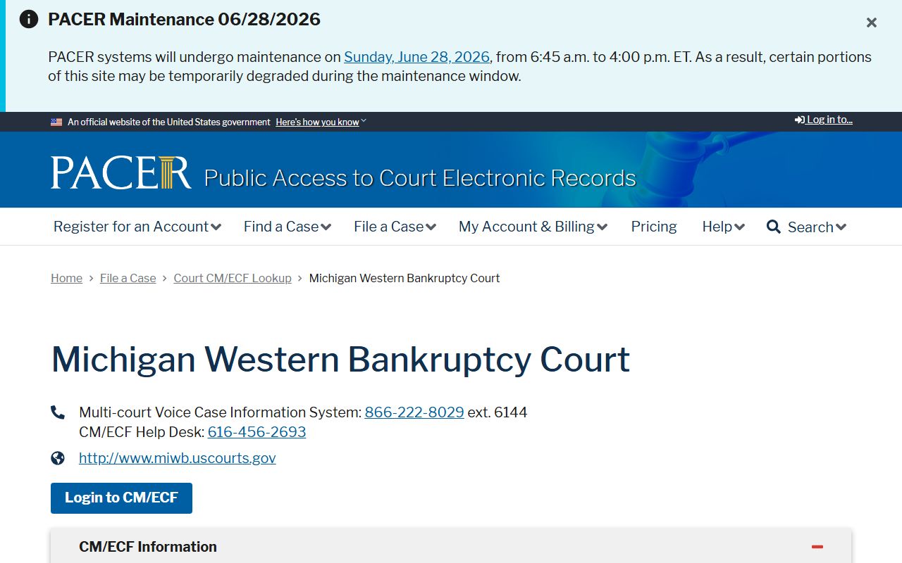 Lake County federal bankruptcy record lookup through PACER for the Western District of Michigan