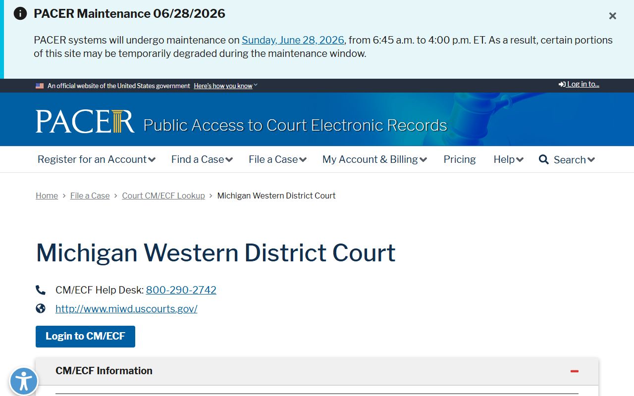 Lake County federal case lookup through PACER for the Western District of Michigan