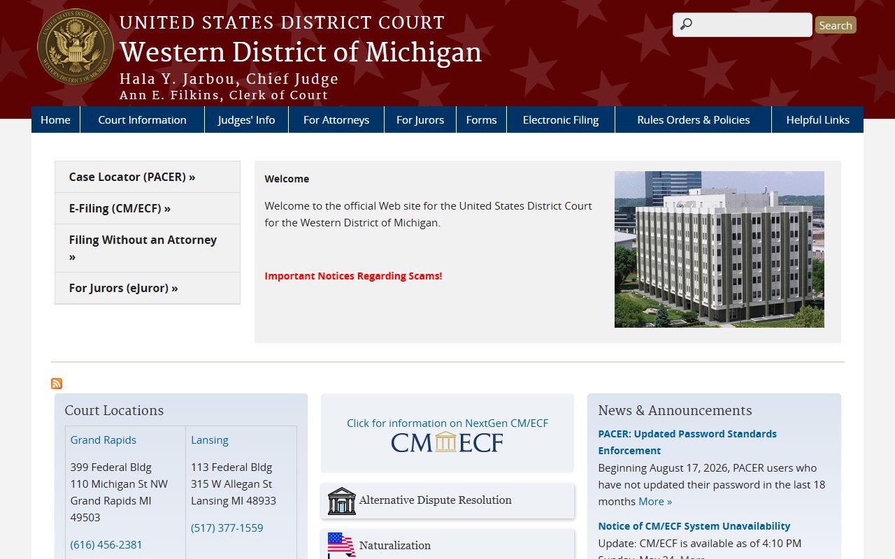 Lake County federal court access through the U.S. District Court for the Western District of Michigan