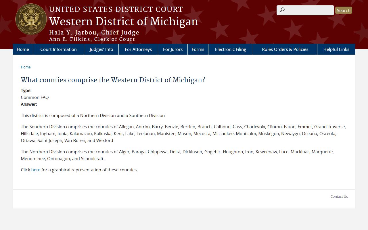 Lake County listed among the counties in the federal Western District of Michigan