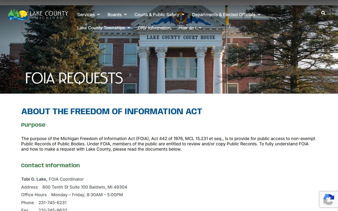 Lake County FOIA request page for public court and county records