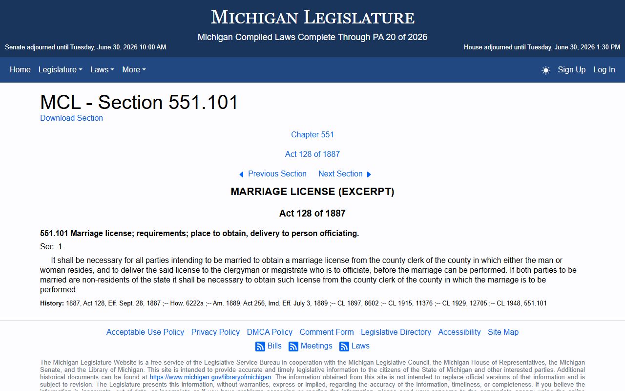 Lake County marriage records residency statute MCL 551.101