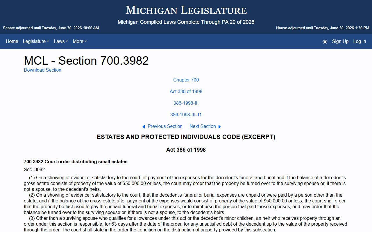 Lake County probate small-estate affidavit statute MCL 700.3982 Michigan