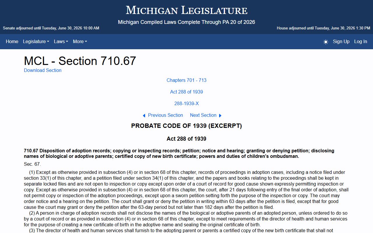 Lake County probate related Michigan adoption-record confidentiality statute MCL 710.67