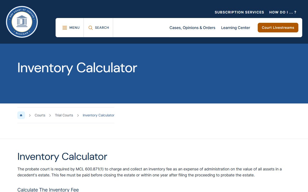 Lake County probate inventory fee calculator from Michigan Courts