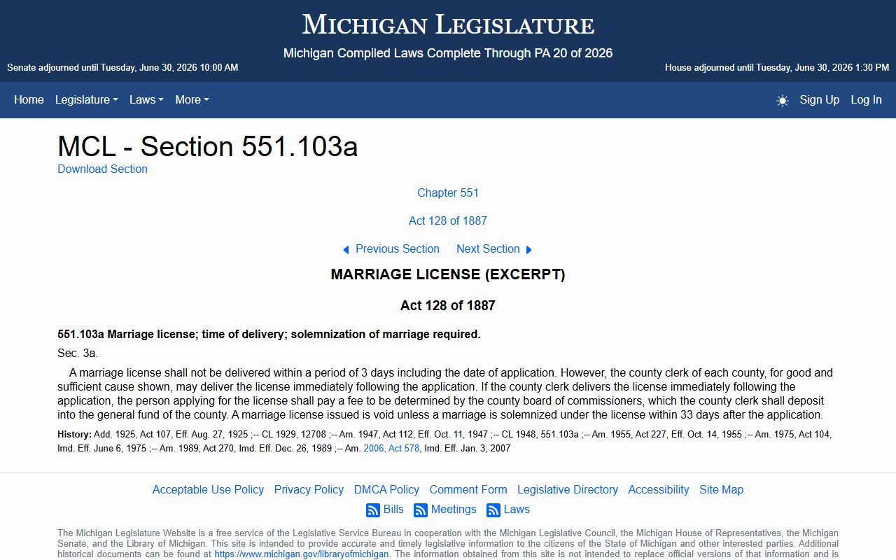 Lake County probate related Michigan marriage-license waiting-period statute MCL 551.103a