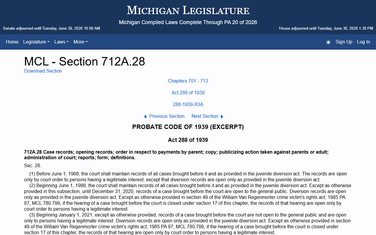 Lake County probate related Michigan juvenile-record confidentiality statute MCL 712A.28